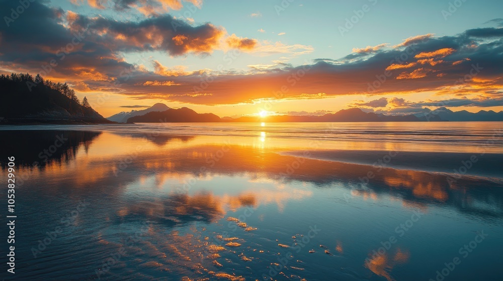Poster vibrant sunset over islands mirrored in the ocean with sunlight and tides on a sandy beach featuring