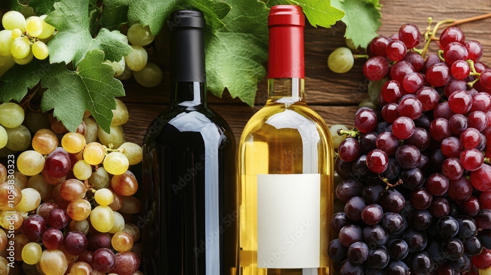 Poster red and white wine bottles alongside a cluster of grapes