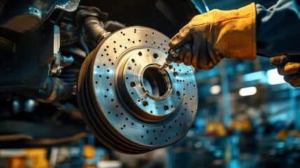 A mechanic working on a vehicle's brake system with a wrench.