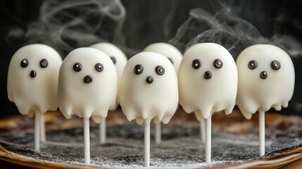 Spooky Ghost Cake Pops on a Dark Plate