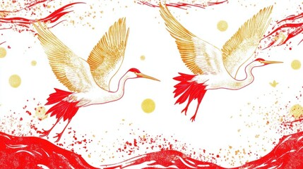 Traditional Japanese pattern with golden cranes and red silk texture, inspired by cultural motifs, isolated on white