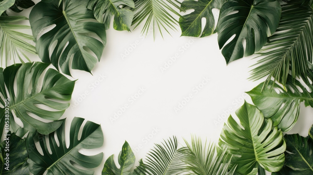 Poster a realistic border framed with lush monstera and palm leaves creating a white central space in a top