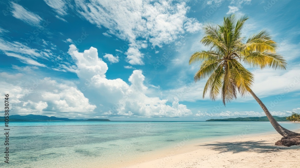 Poster a tranquil tropical beach featuring a palm tree crystal clear water and soft clouds against a vibran
