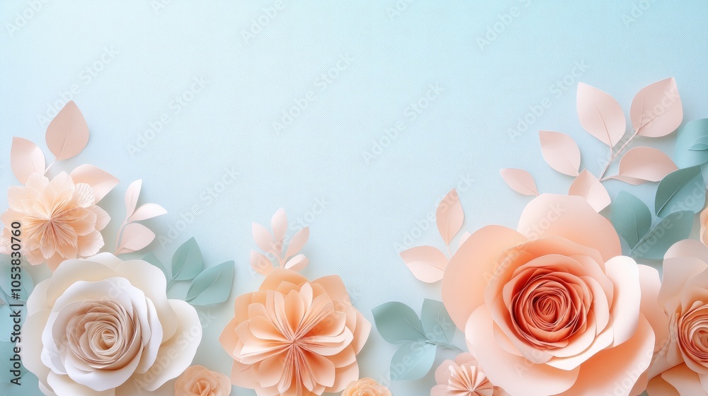Aufkleber elegant pastel paper rose flat lay with flowers positioned at the bottom leaving ample empty space f