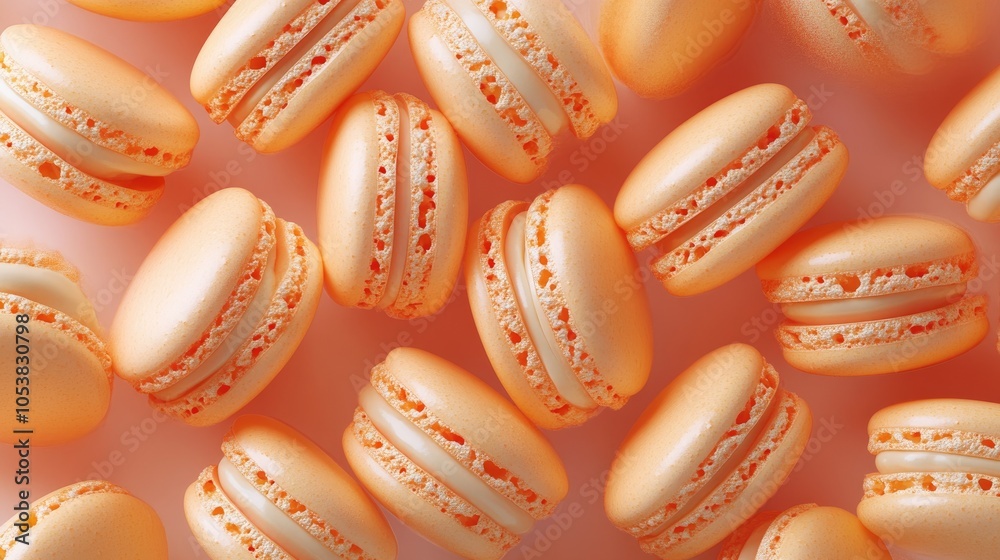 Poster A collection of orange macaron pastries crafted from whipped egg whites creating a visually appealing background Focused highlights enhance the image