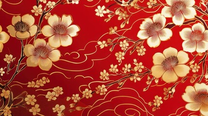 Traditional Japanese pattern with intricate floral motifs in gold on red, capturing a cultural essence, isolated on white