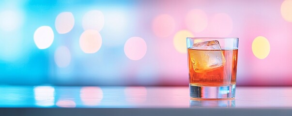 Vibrant Cocktail on Modern Bar Counter - Neon Reflections and Moody Nightlife Vibe with Stunning Glass Highlights