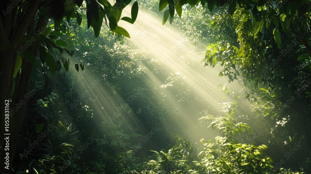 Poster sunlight streams through the thick greenery of a lush jungle highlighting the leaves and evoking a t