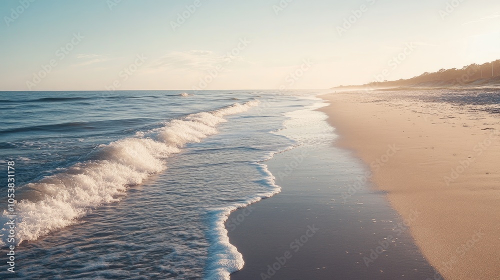 Poster gentle waves lapping at a sandy shore in the morning light creating a serene beach atmosphere