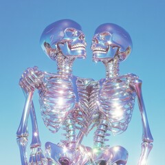 Two chrome skeletons bonding in a luminous embrace