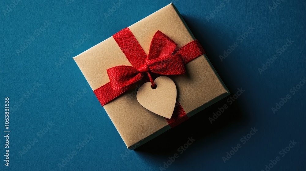 Poster gift box featuring a tag and red bow set against a blue background overhead view celebration theme w