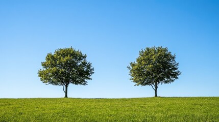 Obraz premium Two solitary trees stand in a lush meadow under a clear blue sky during summer