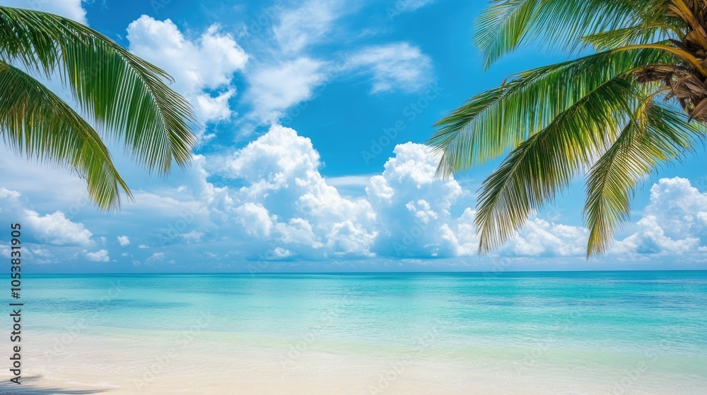 Poster a tranquil tropical beach featuring a palm tree crystal clear water and soft clouds against a vibran