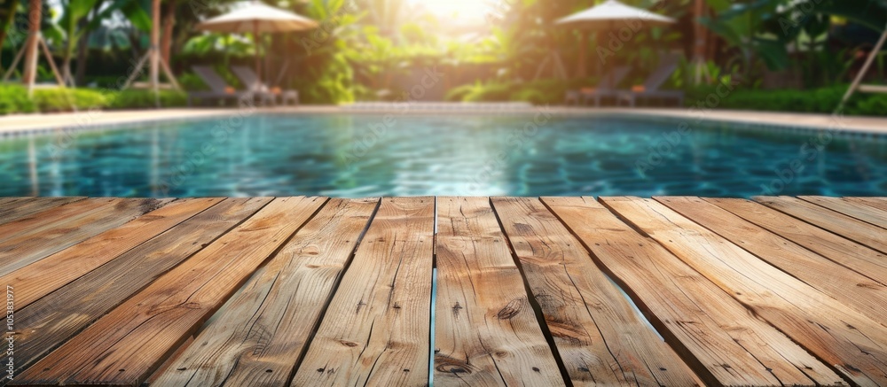 Poster wood table top of the background and pool