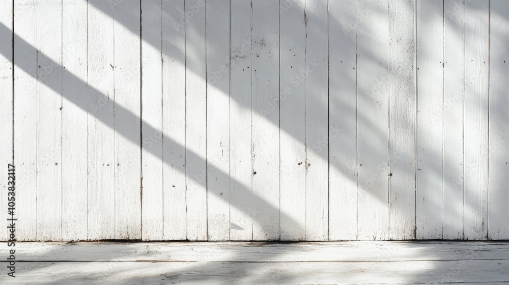 Poster White wooden wall with shadows creating an abstract minimalist background for a rustic design concept