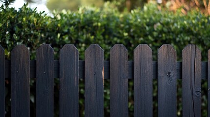 Fototapeta premium Weathered dark picket fence with a lush hedge in the background close up perspective