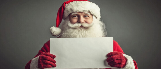 Naklejka premium A man in a red Santa hat holding a blank piece of paper. He is smiling and looking at the camera