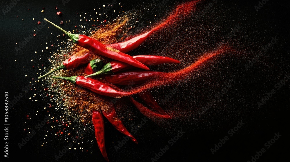 Poster isolated burst of raw red chilies and powder on a black background captured in a close up showcasing