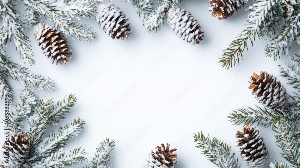 Aufkleber snow covered pine branches and cones create a festive natural frame against a white backdrop ideal f