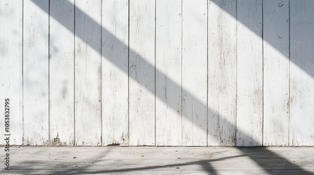 Poster White wooden wall with shadows creating an abstract minimalist background for a rustic design concept