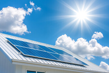 
A technician installing a solar panel on a tin roof mount system, with the sun shining brightly.