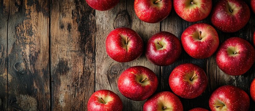 Red Apples Top View On Rustic Wood Fruit Backround Healthy Food On Table Fall Harvest Farming Agricultural Concept