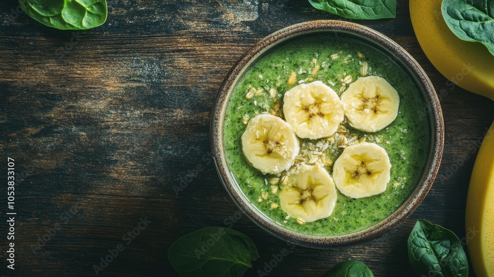 Aufkleber green smoothie bowl made with banana and spinach on a wooden surface healthy breakfast concept featu