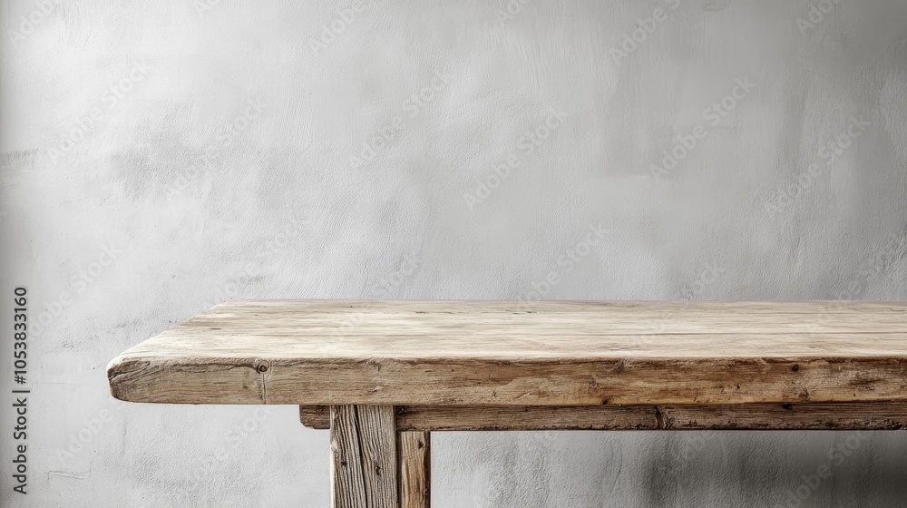 Poster A rustic wooden table with a light grey backdrop highlighting its natural texture and warmth ideal for creating a cozy dining or workspace ambiance