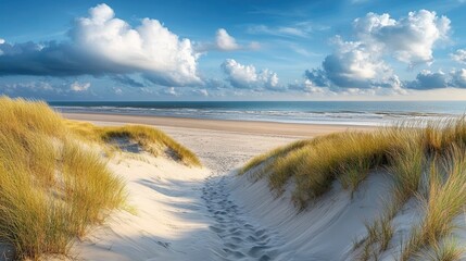 Panoramic view of sandy dunes alongside a beach