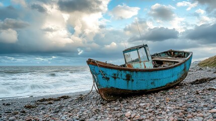 Fototapeta premium Damaged blue fishing boat resting on a pebble shore after a storm with the ocean visible in the background