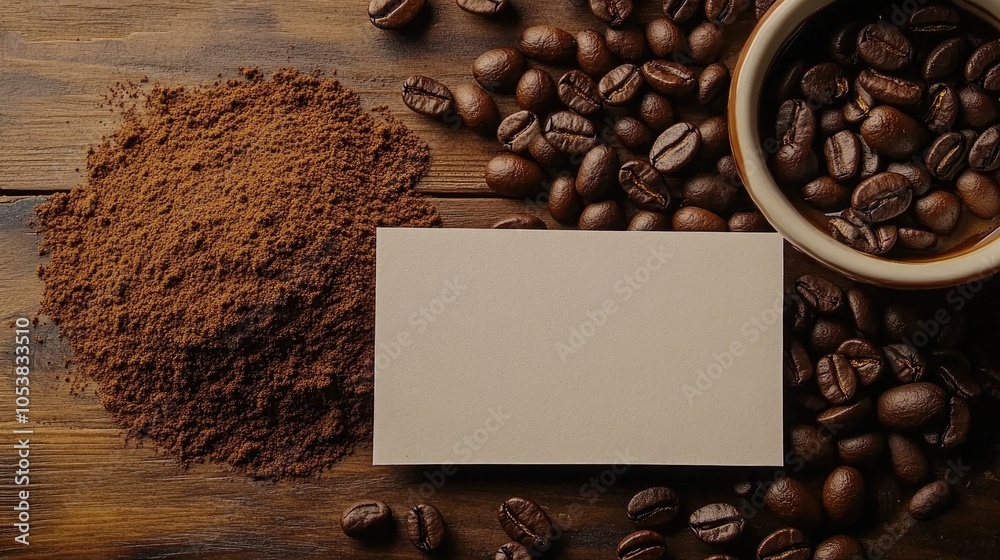 Poster Coffee beans and a pile of ground coffee on a table with an empty banner for text placement