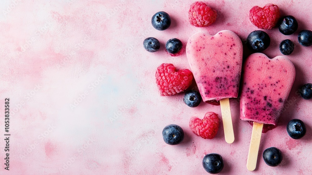 Poster heart shaped berry smoothie popsicles on a banner with ample space for text or branding