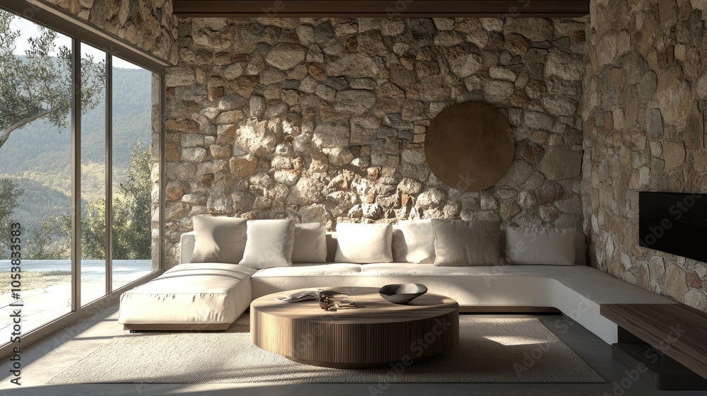 Poster corner sofa positioned by a window in a room featuring stone clad walls farmhouse style enhances thi