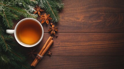 Christmas themed backdrop featuring a cup of tea cinnamon star anise and evergreen branches on a dark wooden surface