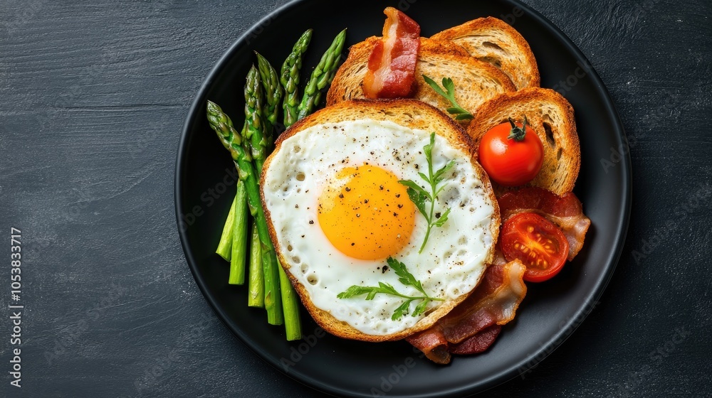 Poster delicious fried egg toasted bread green asparagus tomatoes and bacon served on a black plate an appe