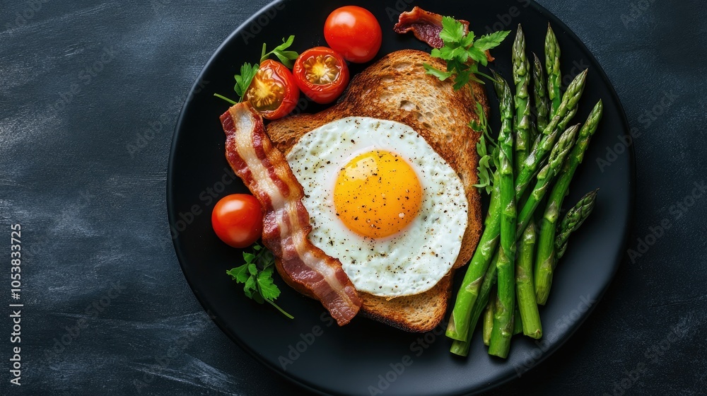 Poster delicious fried egg toasted bread green asparagus tomatoes and bacon served on a black plate an appe