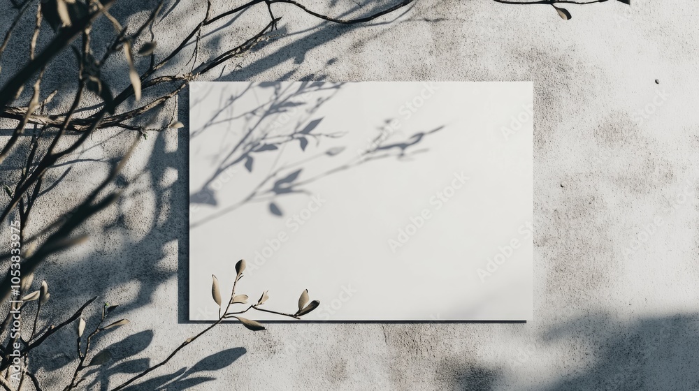 Poster Blank white horizontal poster or card mockup featuring soft tree leaves and branch shadows against a light grey concrete wall background Flat lay perspective