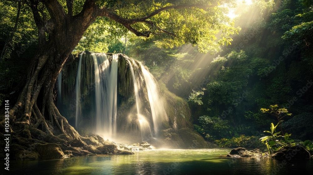 Poster Sunlight illuminates tree leaves in a lush rainforest showcasing a stunning waterfall cascading into a clear pond with a large ancient tree in the foreground