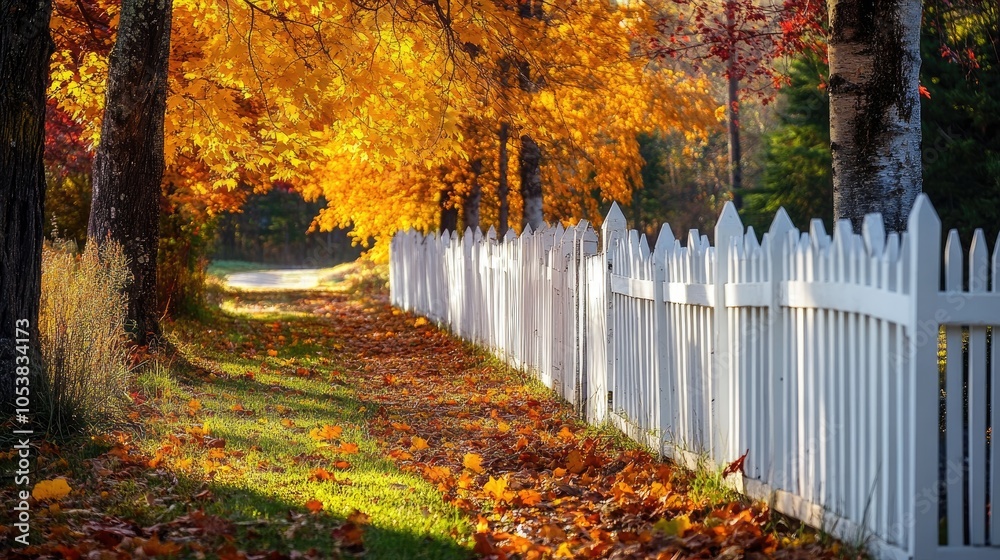 Poster white picket fence surrounded by trees adorned with autumn leaves reflecting the essence of the fall