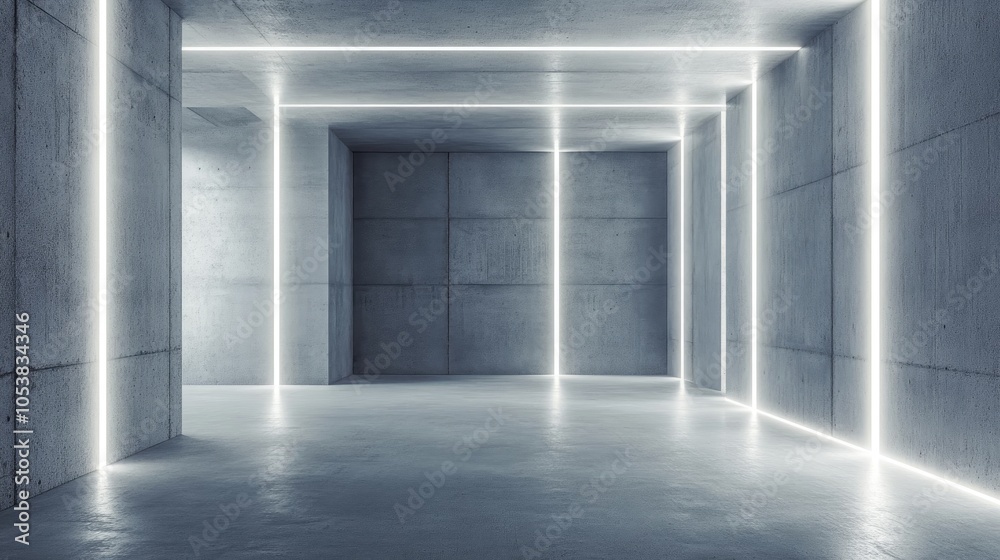 Aufkleber Abstract minimalist interior featuring a concrete room with grey walls and LED light lines creating a modern empty space ideal for showcasing white stone textures and architectural elements