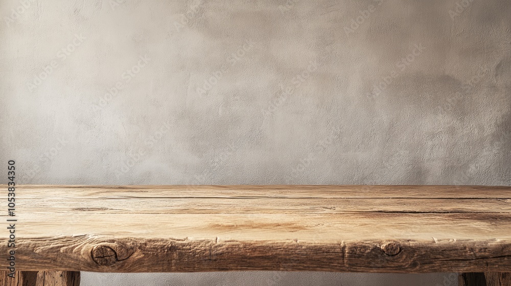 Poster a rustic wooden table with a light grey backdrop highlighting its natural texture and warmth ideal f