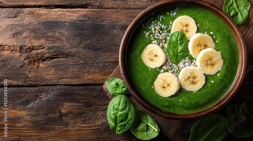 Aufkleber green smoothie bowl made with banana and spinach on a wooden surface healthy breakfast concept featu