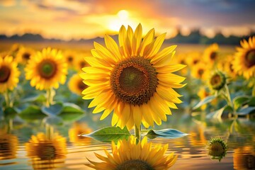 Obraz premium Reflected sunflower composition with field background