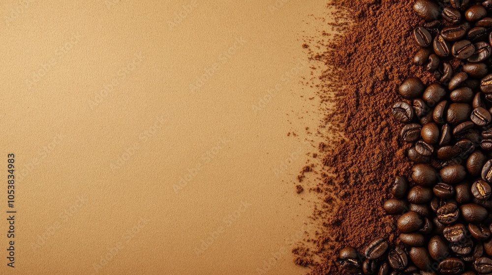 Poster Coffee beans and a pile of ground coffee on a table with an empty banner for text placement