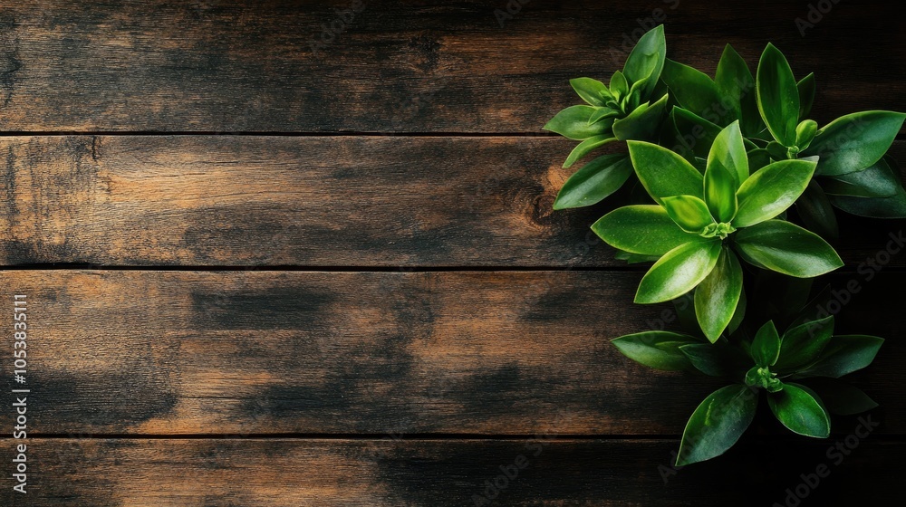 Aufkleber wooden backdrop featuring a green plant aerial perspective with ample space for text high quality im