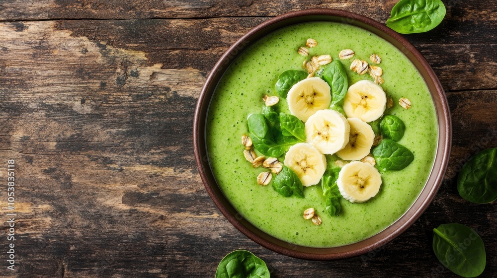 Poster green smoothie bowl made with banana and spinach on a wooden surface healthy breakfast concept featu