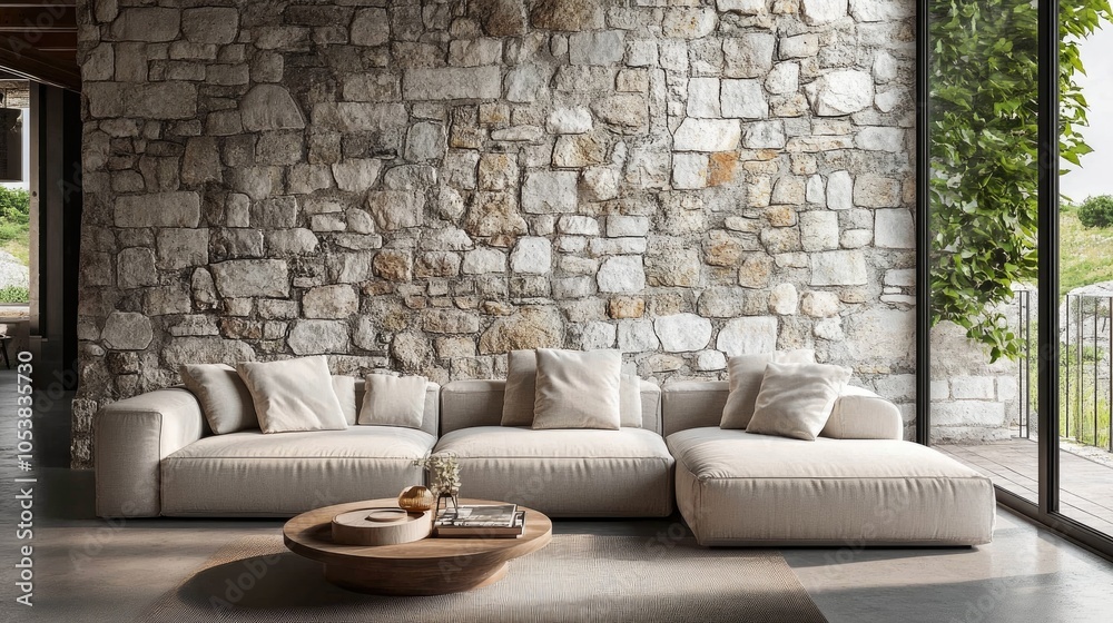 Poster corner sofa positioned by a window in a room featuring stone clad walls farmhouse style enhances thi