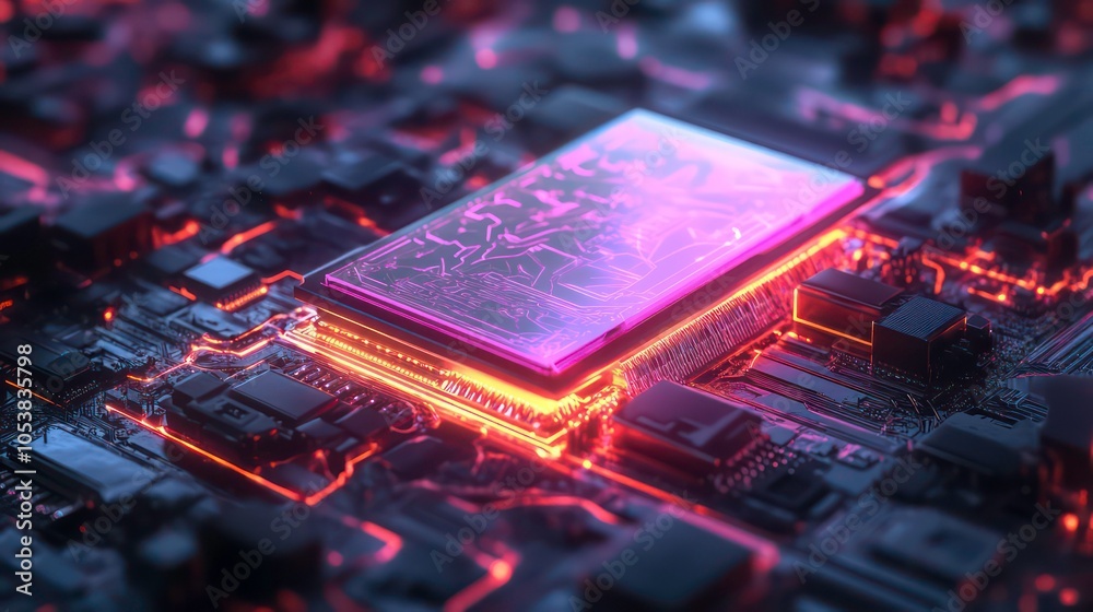 Poster a futuristic circuit board featuring a glowing chip at its center, symbolizing advanced technology.