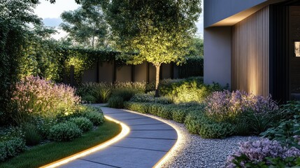 Fototapeta premium Contemporary gardening design featuring a lit walkway adjacent to a residential property