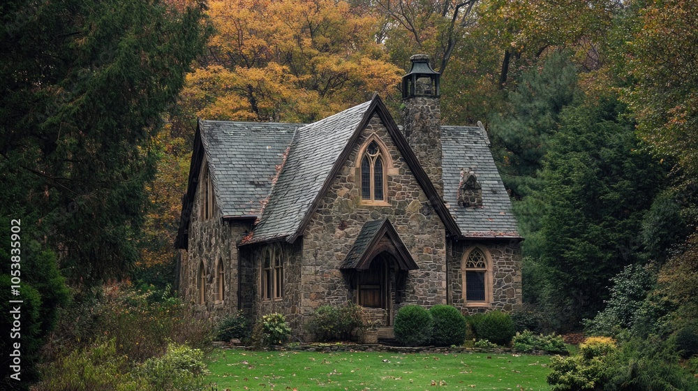 Poster whimsigothic style stone cottage nestled in a garden surrounded by trees vertical orientation